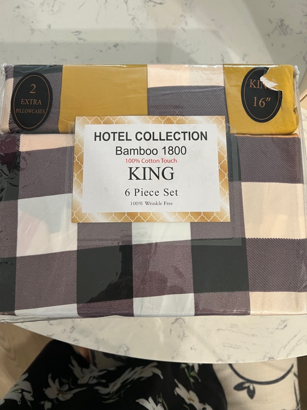 Hotel Collection King Bamboo 1800 Sheet Set - Gray & Cream Plaid